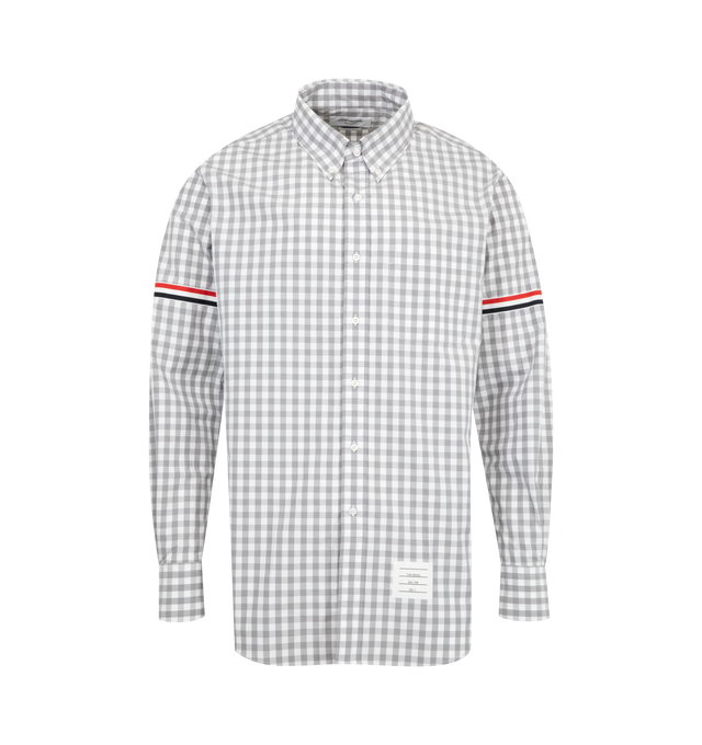 Image 1 of 2 - GREY - THOM BROWNE Gingham Check Armband Shirt featuring signature grosgrain armbands, iconic name tag applique, front button closure, chest patch pocket, pleated back yoke with locker loop and signature striped grosgrain loop tab. 100% cotton. Made in Italy.