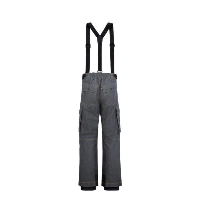 Image 2 of 4 - GREY - MONCLER GRENOBLE Padded Denim Ski Bib featuring 2L technical denim, stretch technical polyester lining, padded, heat-sealed seams, suspenders, YKK AquaGuard Highly Water Resistant zipper and snap button closure, pockets with YKK AquaGuard Highly Water Resistant zipper and hook-and-loop closure, back pockets with snap button closure, ankle gaiters, ski cut protection and synthetic material logo patch. 100% cotton. Lining: 89% polyester, 11% elastane/spandex. Lining: 100% polyamide/nylon
