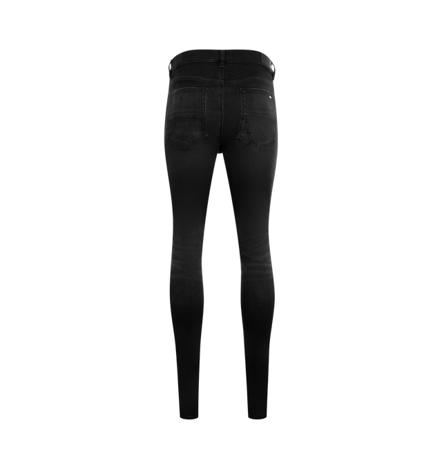 Image 2 of 3 - BLACK - AMIRI MX1 Ultrasuede Jeans featuring Italian stretch denim, hand-distressed and repaired with pleated suede, five-pocket detailing and zip fly with button closure. 92% cotton, 6% elastomultiester, 2% elastane. Made in the USA.