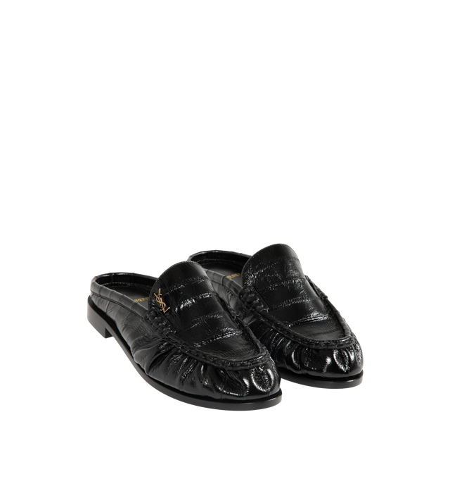 Image 2 of 4 - BLACK - SAINT LAURENT Le Loafer Mule featuring croc-embossed leather upper with leather sole, slip-on styling, cushioned leather footbed, signature penny loafer strap, cassandre at vamp and almond toe. Made in Italy.