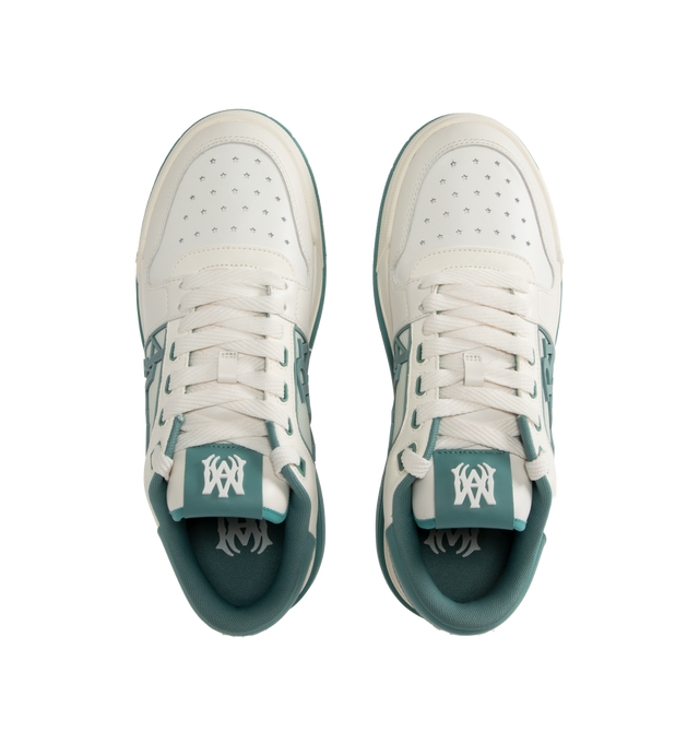 Image 5 of 5 - BLUE - Amiri Men's Classic Low Sneaker is a lace-up style crafted on a rubber sole with leather upper and central panels of molded rubber mesh framing the AMIRI staggered logo. Made in Vietnam. Upper: Leather. Sole: Rubber.