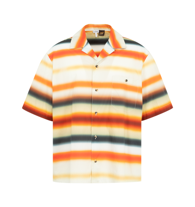 Image 1 of 2 - ORANGE - LOEWE PAULA'S IBIZA Stripe Shirt featuring short sleeves shirt in lightweight cotton poplin with a stripes print, relaxed fit, regular length, camp collar, button front fastening, buttoned chest patch pocket, split sides and anagram embroidery placed on the chest pocket. Cotton. Made in Portugal.