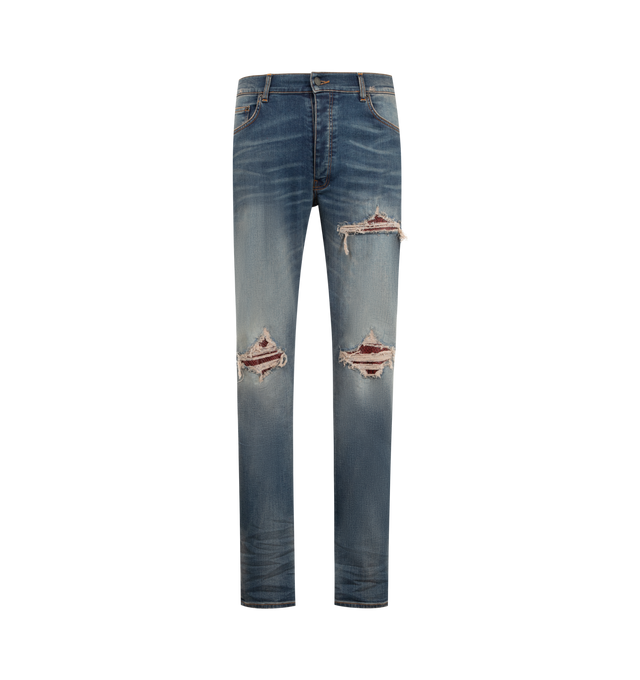 Image 1 of 3 - BLUE - Amiri Men's MX1 Jeans from the Autumn-Winter 2026 collection are crafted from stretch cotton denim and feature the house's iconic hand-distressed construction, repaired with python-embossed leather for a signature textured finish. Designed with classic five-pocket detailing, these designer jeans undergo a specialized treatment that creates intentional variations in shading and color, giving each pair a distinctive character. Main Material: 92% Cotton, 6% Elastomultiester, 2% Elastane.