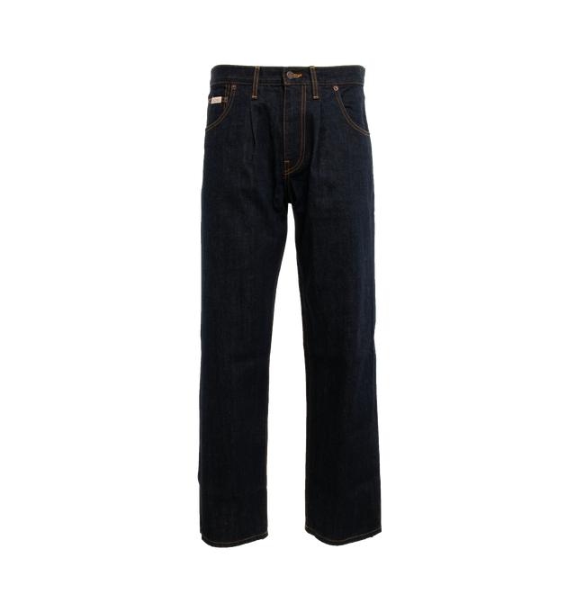 Image 1 of 2 - BLUE - NOAH Pleated Jeans featuring Japanese selvedge denim, relaxed 5-pocket style with single front pleats, zip fly with metal shank closure, copper rivets and woven label on coin pocket. 100% cotton. Made in USA. 