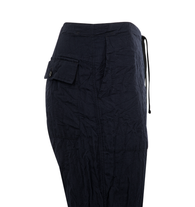 Image 3 of 3 - NAVY - KAPTAIN SUNSHINE Walk Easy Baker Trousers featuring tapered, relaxed-fit, garment-dyed, drawstring at elasticized waistband, four-pocket styling and button fly. 70% cotton, 30% linen. Made in Japan.