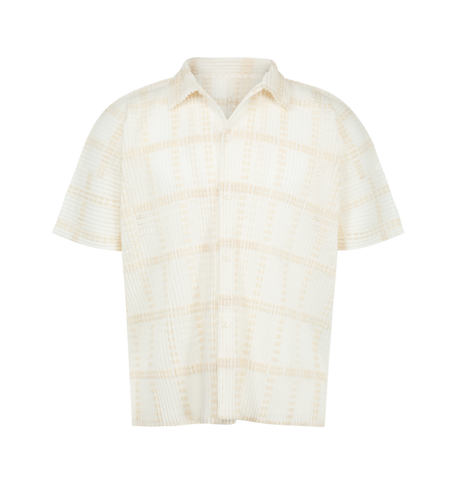 Image 1 of 2 - WHITE - Issey Miyake Men's Lace Grid Pleats Shirt is crafted from a lace-like cotton-blend polyester fabric and features an expressive pleated texture with a sheer, three-dimensional finish ideal for layered styling. Designed with an open collar, button-front closure, and side slits for ease of movement. Main Material: 75% Polyester, 25% Cotton. Collar: Open Collar. Closure: Button Front. Details: Side Slits.