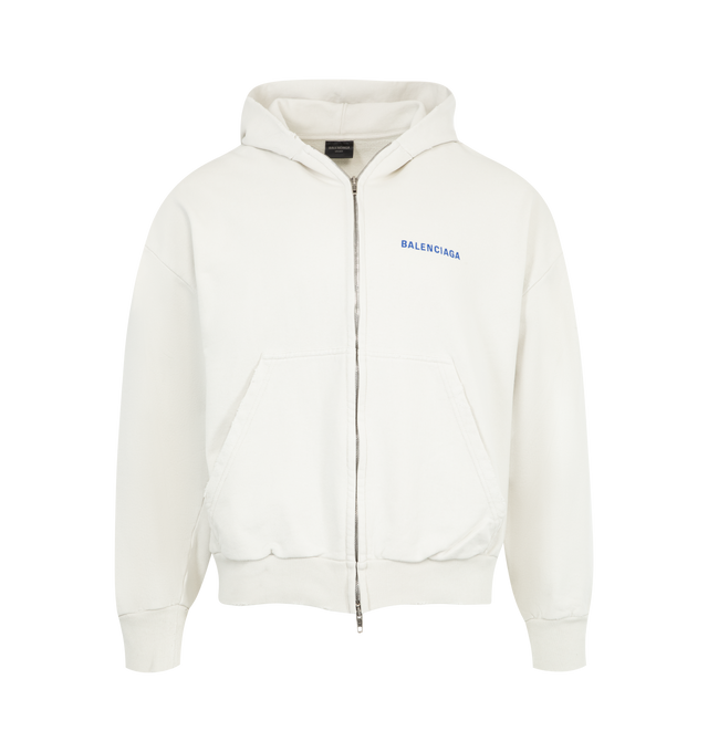 Image 1 of 2 - WHITE - BALENCIAGA Back Zip-Up Hoodie featuring regular fit, dry fleece, hood without drawstring, dropped shoulders, double-ended zip fastening, 2 pockets at front, gathered at cuffs and waistline and Balenciaga Back logo embroidered at front and back. 100% cotton. Made in Portugal.