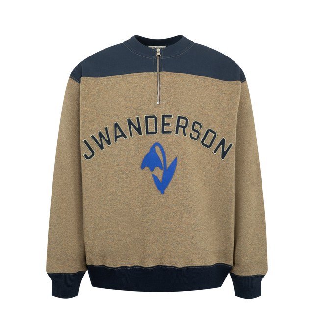 Image 1 of 2 - NEUTRAL - JW Anderson Men's Half-Zip Sweatshirt in beige melange. Inspired by vintage sportswear, crafted from a double-face jersey. Features a rib shoulder panel, appliqu lettering and snowdrop motif, an Irish flower, speaking to the heritage of the brand. Materials: 70% Wool, 30% Polyamide.