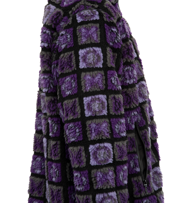 Image 3 of 3 - PURPLE - NEEDLES Papillon Plaid Pile Fur Jacket featuring stand-collar, oversized, wide silhouette, voluminous fur material, ribbed cuffs, iconic butterfly plaid pattern and zip closure. 100% polyester. Made in Japan.