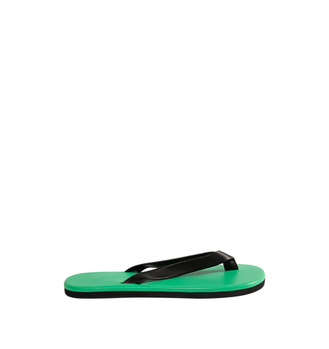 Image 1 of 4 - GREEN - AURALEE Leather Tong Flip-Flops featuring open toe, thong-style strap at vamp, logo embossed at padded leather footbed, stacked leather heel with rubber injection and leather sole. Upper: leather. Sole: leather, rubber.