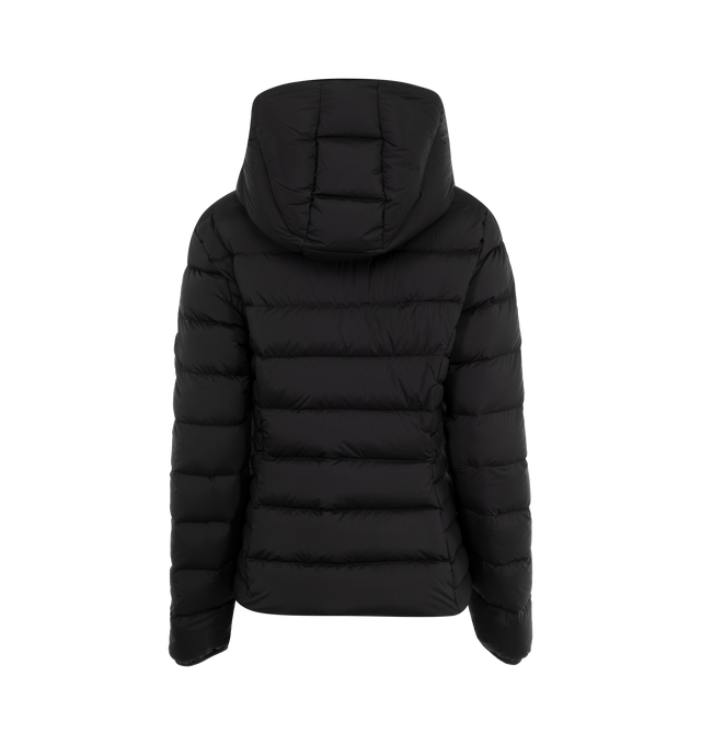 Image 2 of 3 - BLACK - Moncler Quilted Herbe Jacket has a 2 way zip front closure, fixes hood, banded cuffs, and front zip pockets. Lined. 85% polyamide, 15% elastane. Made in Romania.