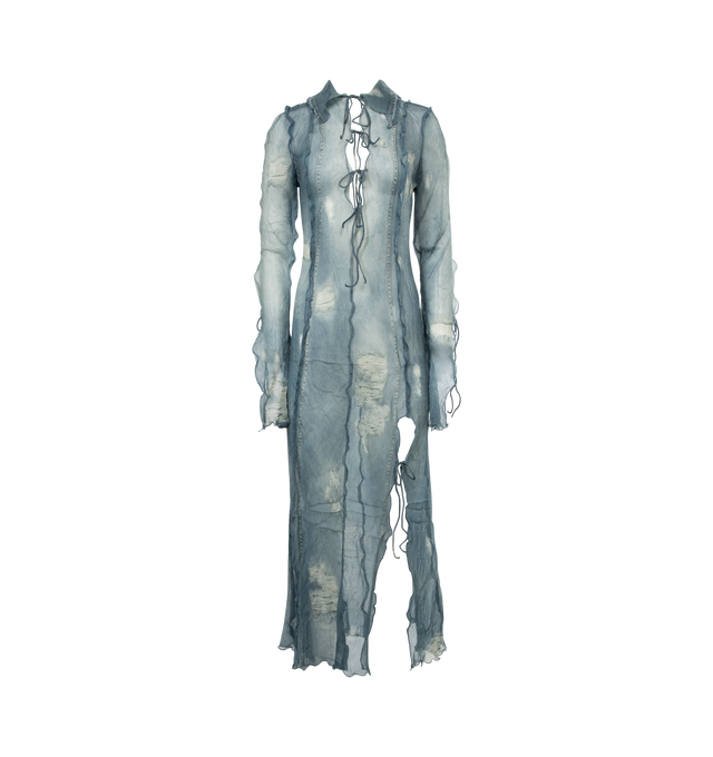 Image 1 of 3 - BLUE - ACNE STUDIOS Printed Sheer Midi Dress featuring long sleeves, leg slit, semi-sheer, relaxed fit from the hip down and non-stretchy fabric. 100% viscose. 