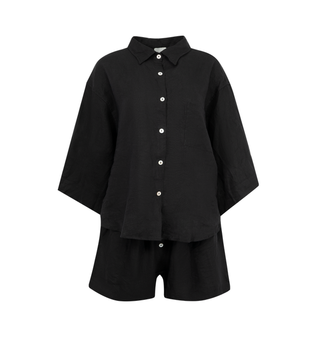 Image 1 of 6 - BLACK - DEIJI STUDIOS 03 Set featuring an oversized box fit linen shirt with wide arms and a front pocket designed to sit mid rise, the loose fitting boxer style shorts have a faux button down fly and an elastic waist for extra comfort. 100% GOTS certified organic, OEKO-TEX 100 certified and EU certified stone washed french linen.