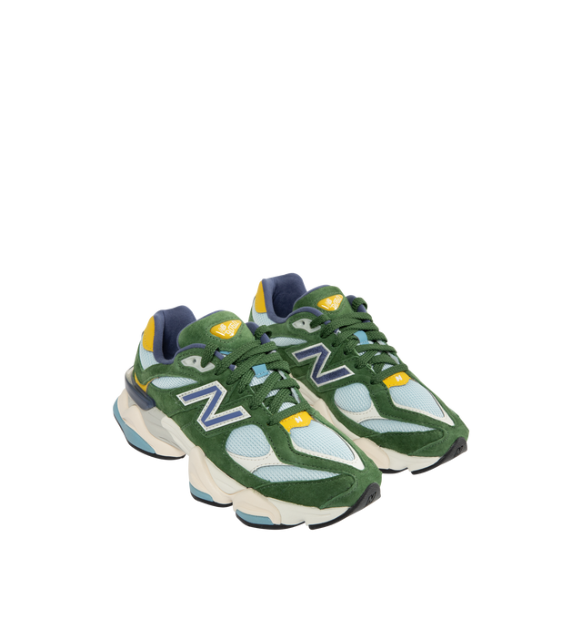 Image 2 of 5 - GREEN - NEW BALANCE 9060 Sneaker featuring mesh upper with suede overlays, dual-density midsole with ABZORB and SBS cushioning, tongue logo inspired by original 991 lace jewel, translucent CR device at heel and diamond outsole pattern.