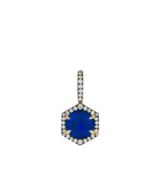 Image 2 of 2 - BLUE - JEMMA WYNNE Blue Sapphire and Diamond Hexagon Prive Charm featuring 18kt yellow gold, One of a Kind, blue sapphire round stone with blackened pave diamond frame. 1.6CT blue sapphire, .16CT diamond. 19.6MM. Hirshleifers offers a range of initial pieces from this collection in-store. For personal consultation and detailed information about jewelry, please contact our dedicated stylist team at personalshopping@hirshleifers.com. This item may be restricted for online purchase to internatio