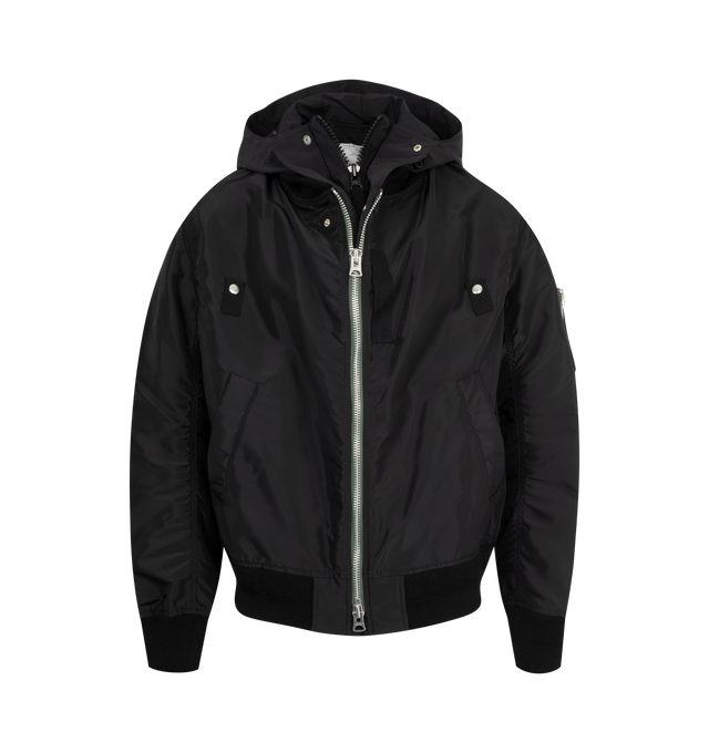 Image 1 of 3 - BLACK - SACAI Nylon Twill x Grosgrain Blouson featuring paneled bomber jacket, dual-layer design, ribbed collar, hem, and cuffs, grosgrain tape accents, front zip closure, utility-inspired flap and zip pockets and a drawstring hood. Made in Japan.