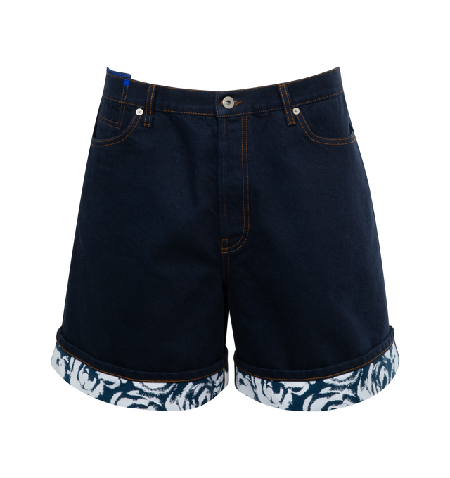 Image 1 of 2 - BLUE - BURBERRY Heavyweight Denim Shorts featuring relaxed fit, Japanese heavyweight denim, rose-print lining at the cuffs, button closure and suede patch with Equestrian Knight Design at back. 100% cotton. Made in Italy. 