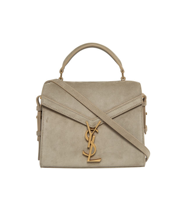 Image 1 of 3 - NEUTRAL - SAINT LAURENT Cassandra Mini Suede Bag featuring top handle bag in suede and leather, detachable, adjustable crossbody strap, envelope flap top with YSL magnetic closure, divided interior, one slip pocket and feet protect bottom of bag. 7.9"H x 6.3"W x 3"D. 