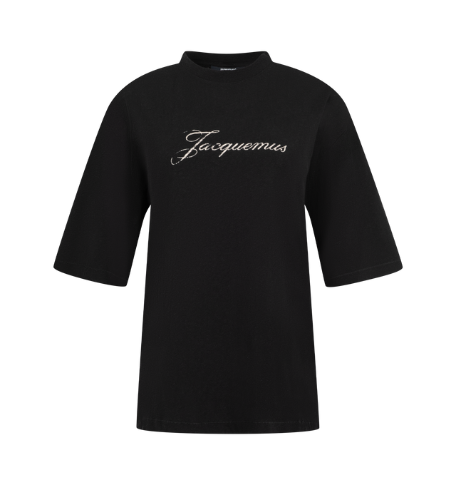 Image 1 of 2 - BLACK - Jacquemus Women's Logo T-Shirt is crafted from cotton hemp jersey and features a straight fit, ribbed crew neckline, half length sleeves, and a printed logo at the chest. Main Material: 85% Cotton, 15% Hemp. Made in Portugal.