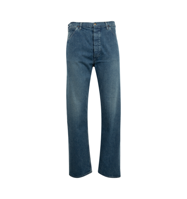 Image 1 of 3 - BLUE - ORSLOW Denim Painter Pants featuring zipper fly, utility pockets, triple needle stitch construction and leather patch. 100% cotton.