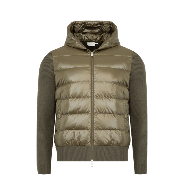 Image 1 of 3 - GREEN - MONCLER Padded Wool Zip-Up Hoodie featuring down-filled polyester front and hood, rib knit, gauge 7, zipper closure and pockets with snap button closure. 100% polyester. 100% virgin wool. Padding: 90% down, 10% feather. Made in Turkey.