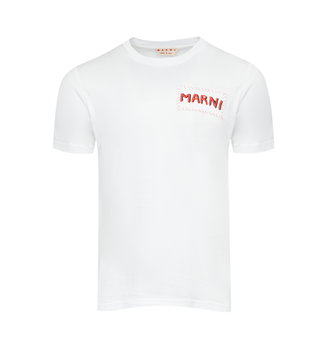Image 1 of 2 - WHITE - MARNI Patch T-Shirt featuring rib knit crewneck, logo patch at chest and contrast stitching. 100% cotton. Made in Italy. 