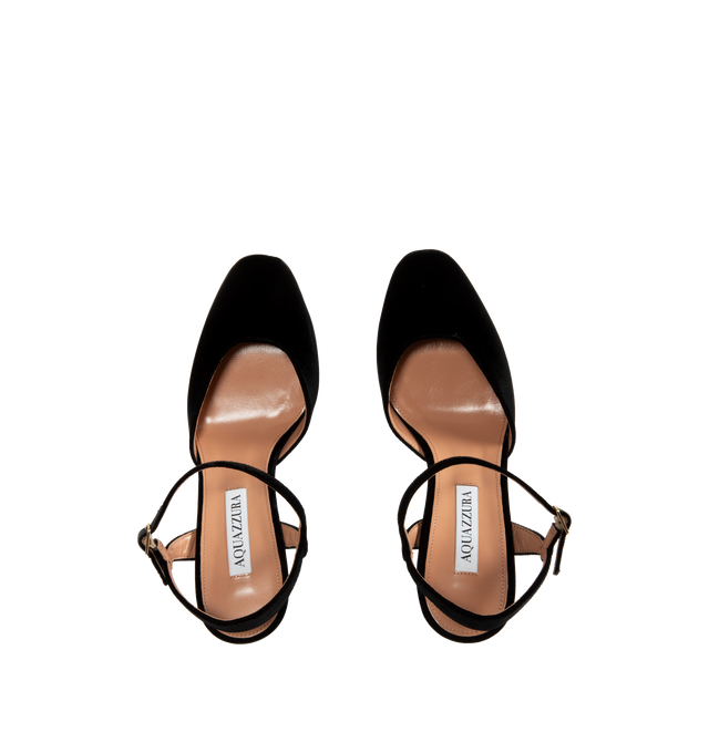 Image 4 of 4 - BLACK - Aquazzura Women's Amira 110 Suede Platform Pumps are crafted from smooth suede and feature a minimalist silhouette with an almond-shaped toe and open back. Designed with a secure ankle strap, these designer pumps are set on a 110mm heel balanced by a platform for added height and stability. Upper: Suede Leather. Insole: Leather. Sole: Leather. Heel Height: 110 mm / 4.3 in. Details: Platform, Ankle Strap, Open Back. Made in Italy.