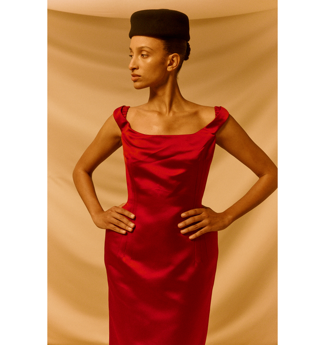 Image 3 of 4 - RED - MAGDA BUTRYM Off-Shoulder Midi Dress featuring midi length, hip pads, fitted bodice and a rounded off-shoulder neckline. 100% silk.