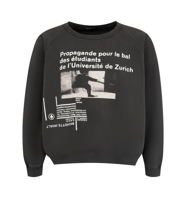Image 1 of 2 - BLACK - ENFANTS RICHES DEPRIMES L'universite De Zurich Raglan Crewneck featuring long-sleeved raglan crewneck sweatshirt, thick, brushed French terry fabric, relaxed, oversized fit, neckline, cuffs, and waist are made of ribbed knit, printed artwork on the front and back and signature vintage wash finish. 100% cotton. Made in the USA.