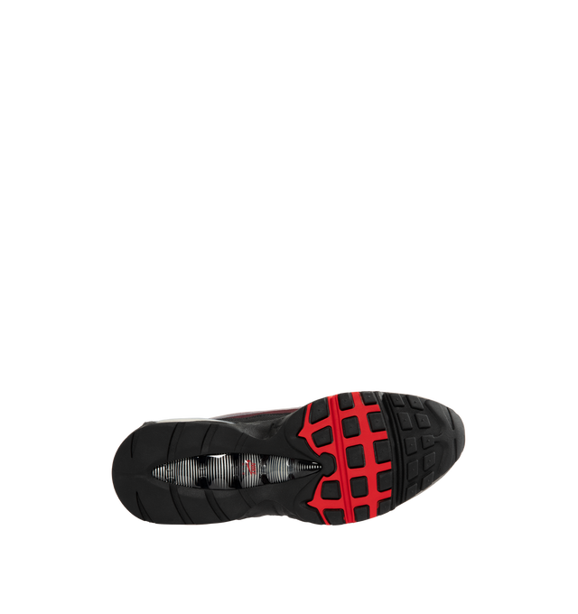 Image 4 of 5 - RED - Nike Men's Air Max 95 Big Bubble Sneaker featuring textile and synthetic leather, visible Max Air cushioning, flex grooves in the midsole and outsole, foam midsole and rubber outsole.