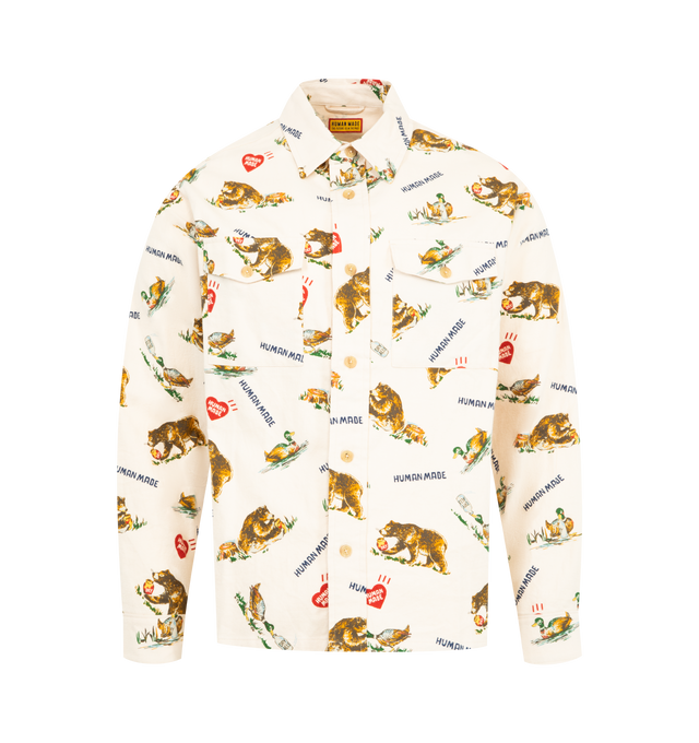 Image 1 of 2 - WHITE - HUMAN MADE Flannel Shirt featuring lightly brushed cotton viyella, 2 chest pockets, button down closure, all-over printed graphics and long sleeves. 100% cotton.