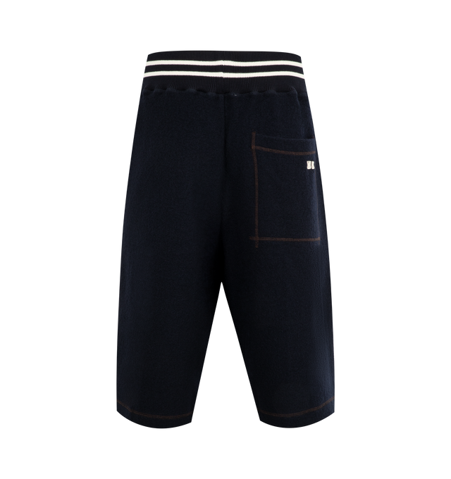 Image 2 of 3 - NAVY - WALES BONNER October Shorts featuring elasticated, striped waistband, patch pockets, rear patch pocket with logo motif and contrast overlocked top-stitching. Wool. Made in Portugal