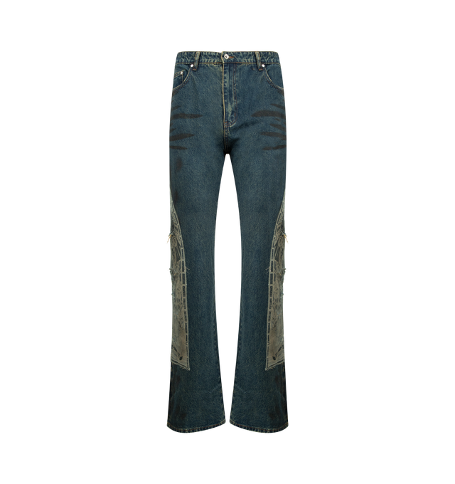 Image 1 of 3 - BLUE - WHO DECIDES WAR Mechanic Signature Jeans featuring non-stretch denim jeans, fading, whiskering, and discoloration throughout, belt loops, five-pocket styling, zip fly, eEmbroidered logo appliqu with raw edges at outseams, logo patch at back waistband and logo-engraved silver-tone hardware. 100% cotton.