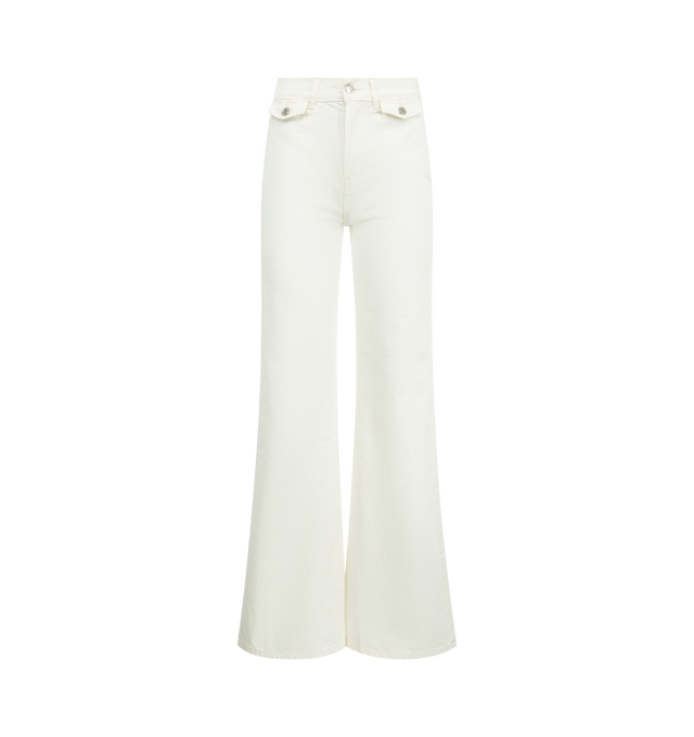 Image 1 of 3 - WHITE - NILI LOTAN Edira Jean featuring high-rise jean with flare leg in Japanese non-stretch denim, front shank pocket detail, back patch pockets with darting and belt loops at waistband. 100% cotton. Made in USA.