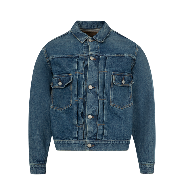 Image 1 of 2 - BLUE - ORSLOW Type 2 1950's Denim Jacket featuring relaxed body, dropped yoke, two chest pockets, side tab adjusters at hem, stitched pleat placket, large back pleats, copper rivet reinforcements, cardstock neck tag and custom metal buttons. 100% cotton. Made in Japan.