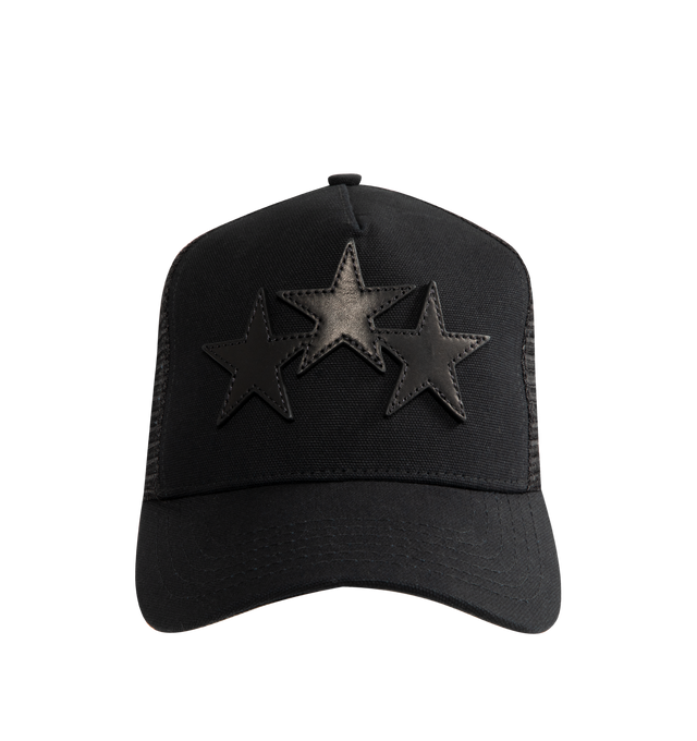 Image 1 of 3 - BLACK - AMIRI 3 Star Trucker Hat featuring adjustable backstrap, front leather applique detail and leather logo patch at back. 100% cotton. Made in USA.