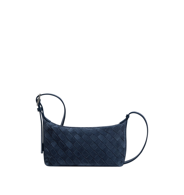 Image 1 of 3 - NAVY - BOTTEGA VENETA Traveler Phone Pouch featuring intrecciato suede leather phone pouch, adjustable cross-body strap, one main compartment, one flat inside pocket and zip closure. Calfskin. Lining: suede. 4.7" x 7.9" x 2.2". Made in Italy.