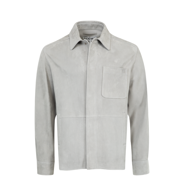 Image 1 of 2 - GREY - LOEWE Overshirt in lightweight suede lambskin featuring pleats at the sleeves and back, regular fit, regular length, classic collar, concealed snap button front fastening, buttoned cuffs, chest patch pocket, vertical welt pockets, unlined and embossed Anagram placed on the chest patch pocket. Suede. Made in Italy.