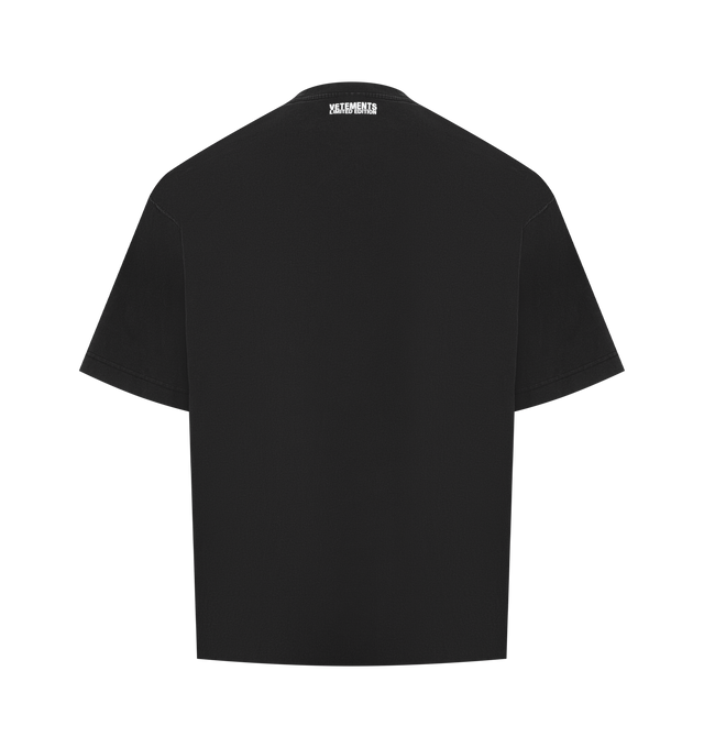 Image 2 of 2 - BLACK - VETEMENTS Iconic Logo T-shirt featuring cotton jersey, subtle fading throughout, rib-knit crewneck, logo embroidered at chest and back collar and dropped shoulders. 100% cotton. Made in Portugal.
