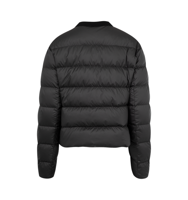 Image 2 of 3 - BLACK - MONCLER Mauvezin Down Puffer Jacket featuring quilted puffer jacket, heavy knit collar, gold-tone hardware, round neckline, long sleeves, tonal leather logo patch at left sleeve, side zip pockets, classic fit, hem sits at the hip, two-way zip-front. 100% polyester. Padding: 90% down, 10% feather.