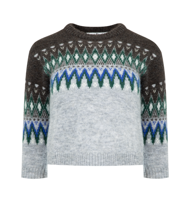Image 1 of 2 - GREY - ACNE STUDIOS Crewneck Knitted Top featuring a soft mohair blend with a fuzzy texture, a Nordic-style pattern, ribbed collar, cuffs and hem, cut to a fitted silhouette with 3/4-length sleeves and waist-length hem. 27% nylon, 5% elastane, 34% mohair, 34% wool.