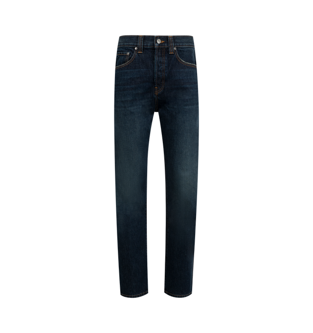 Image 1 of 3 - BLACK - KHAITE Corben Jean featuring straight-fitting silhouette, a dropped rise, designed to sit just below the natural waist, 5 pocket style and an embossed button of antiqued nickel. 100% cotton.