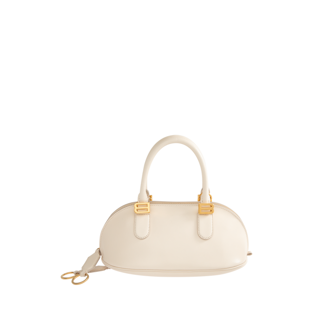 Image 1 of 4 - WHITE - BALENCIAGA Bolero Bowling Bag Mini featuring smooth calfskin, two handles with Bolero B logo, adjustable and removable strap, shoulder, crossbody and hand carry, aged-gold hardware, zipped closure with leather pull tab and ring, zipped pocket on the bottom with leather pull tab and ring, 1 main compartment and contrasting nappa lambskin lining. 11.8" x 5.1" x 6.3". Calfskin. Made in Italy.