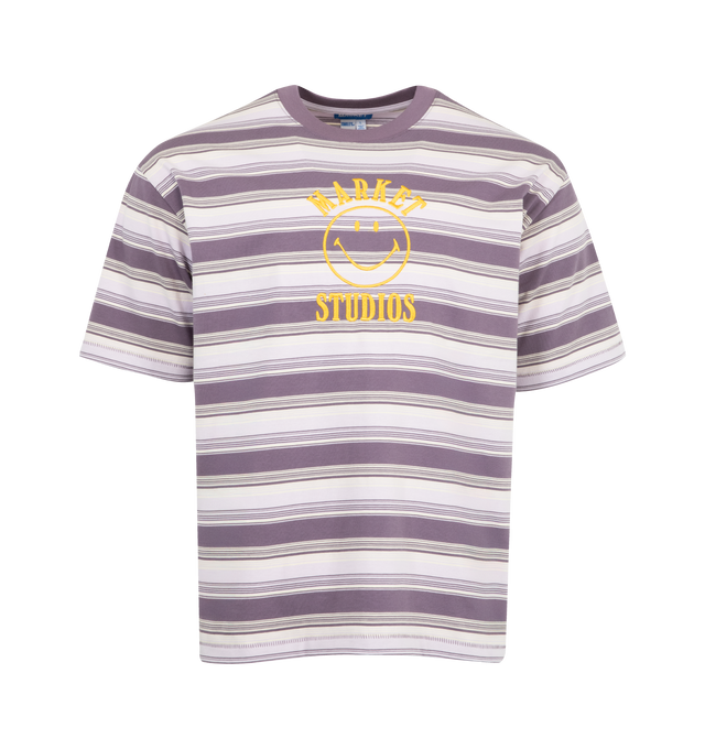 Image 1 of 2 - PURPLE - MARKET Smiley Lockup Striped T-Shirt featuring crew neck, short sleeves, graphic on front, stripes throughout and relaxed fit. 100% cotton.