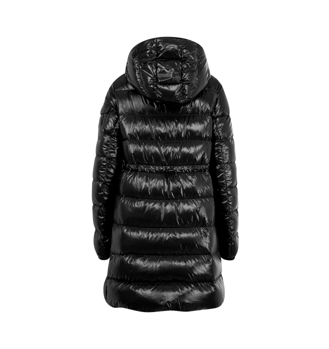 Image 2 of 3 - BLACK - MONCLER Courcelles Hooded Mid-Length Down Jacket featuring nylon laqu lining, down-filled, hood, zipper closure, zipped pockets, sleeve pocket with snap button closure, waist and hem with drawstring-fastening and adjustable cuffs. 100% polyamide/nylon. Padding: 90% down, 10% feather.