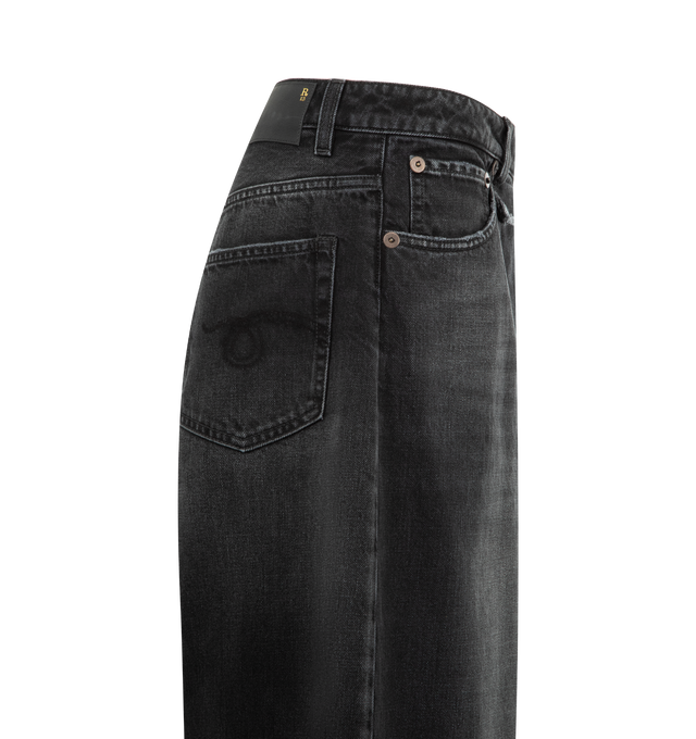 Image 3 of 3 - BLACK - R13 Nico Wrap Jeans featuring wide leg, asymmetrical wrap waist, distressing throughout, belt loops, five-pocket styling, zip fly and leather logo patch at back waistband. 100% cotton. Made in Italy.