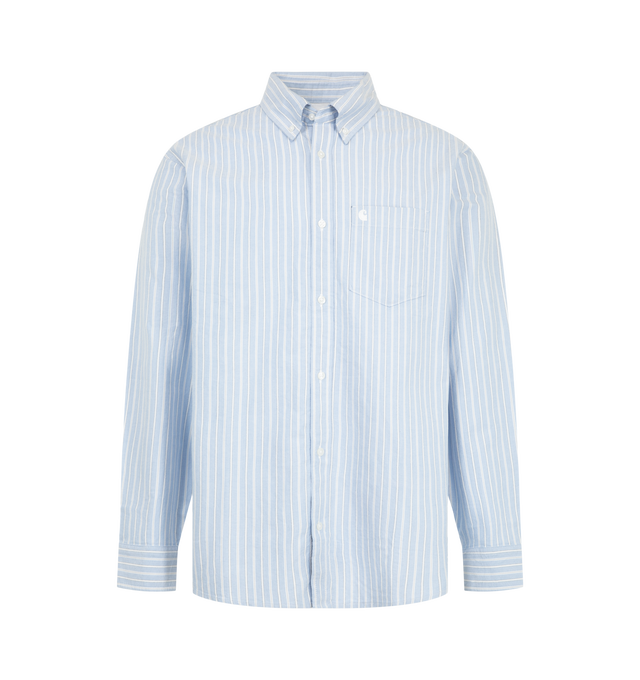 Image 1 of 2 - BLUE - Carhartt WIP Men's Long Sleeve Kanan Stripe Shirt is crafted from lightweight garment-washed Oxford cotton and features a loose-fit silhouette, an allover yarn-dyed stripe pattern, a button-front closure, and a button-down collar. Designed for everyday wear, it is finished with a chest pocket featuring embroidered C Logo detailing, contrast fabric at the inside back yoke and side seam gussets, and a back yoke for added structure. Main Material: 100% Cotton.