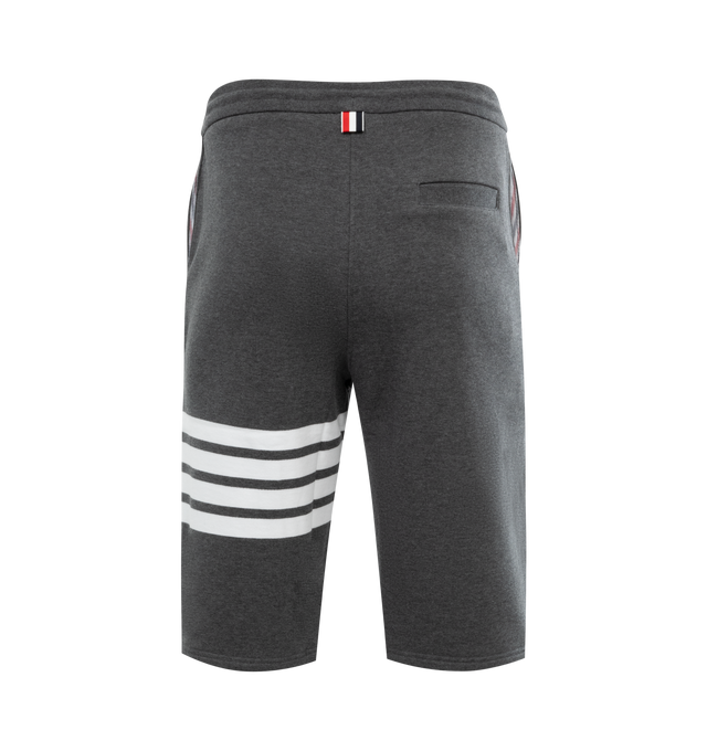 Image 2 of 3 - GREY - THOM BROWNE cotton sweat shorts with pull-on elasticized waist featuring drawcords and stripe detail at leg. 100% cotton.