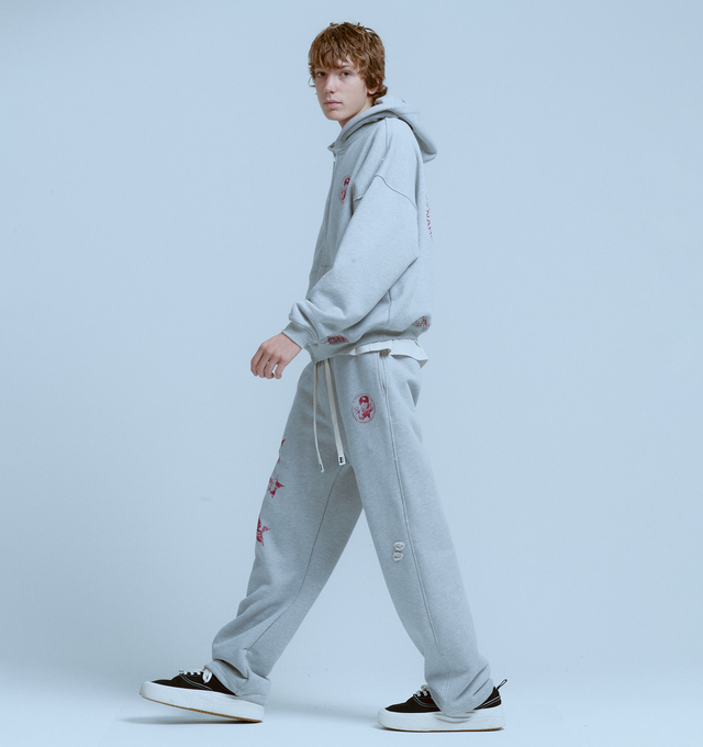 Image 3 of 6 - GREY - NAHMIAS Youth Enrichment Wide Sweatpant featuring elastic waist with drawstring, wide leg, relaxed fit, side pockets, back patch pocket and elastic hem. 100% cotton.