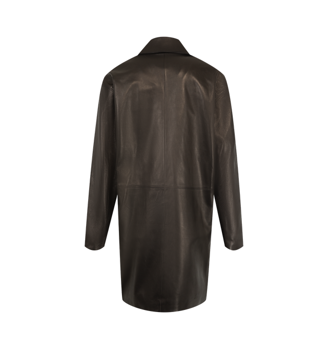 Image 2 of 3 - BLACK - The Row Women's Donata Coat is crafted from tumbled baby calfskin leather and features a mid-length car coat silhouette with a flat collar, dropped shoulders, side seam pockets, and a horn button-front closure. Fully lined in silk, this designer leather coat combines exceptional Italian craftsmanship with an exceptionally soft hand and rich natural texture, creating a timeless outerwear staple with effortless sophistication. Main Material: 100% Calfskin Leather. Lining: 100% Silk. Mad